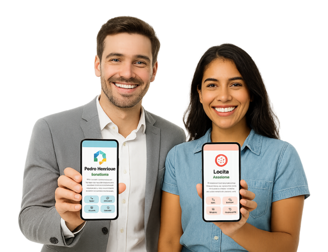 Casal mostrando cartões digitais no celular